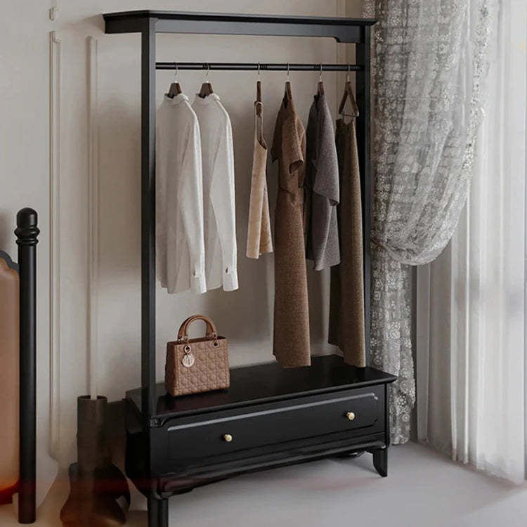 Chic Solid Wood Storage Rack with Hanging Rod and Drawer for Stylish Organization hmz-4949