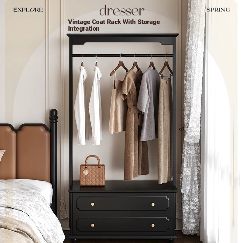 Chic Solid Wood Storage Rack with Hanging Rod and Drawer for Stylish Organization hmz-4949