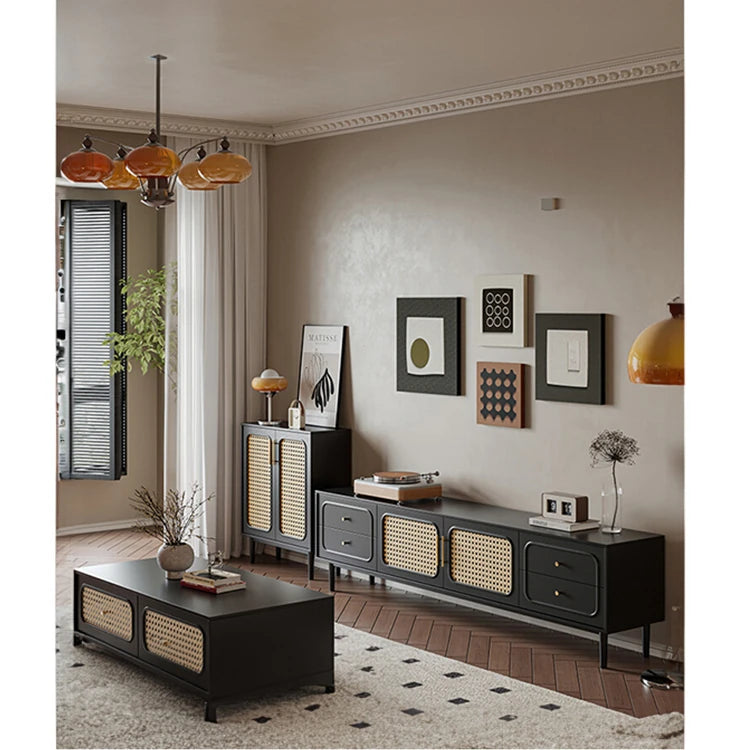 Stylish Solid Wood TV Cabinet with Tempered Glass and Elegant Rattan Design - Perfect for Modern Living Rooms! hmz-4951