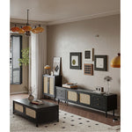 Stylish Solid Wood TV Cabinet with Tempered Glass and Elegant Rattan Design - Perfect for Modern Living Rooms! hmz-4951
