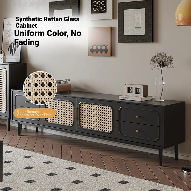 Stylish Solid Wood TV Cabinet with Tempered Glass and Elegant Rattan Design - Perfect for Modern Living Rooms! hmz-4951