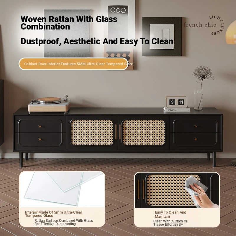 Stylish Solid Wood TV Cabinet with Tempered Glass and Elegant Rattan Design - Perfect for Modern Living Rooms! hmz-4951