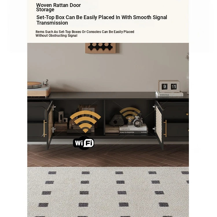 Stylish Solid Wood TV Cabinet with Tempered Glass and Elegant Rattan Design - Perfect for Modern Living Rooms! hmz-4951