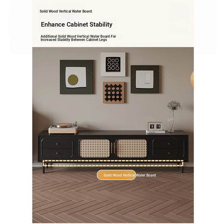 Stylish Solid Wood TV Cabinet with Tempered Glass and Elegant Rattan Design - Perfect for Modern Living Rooms! hmz-4951