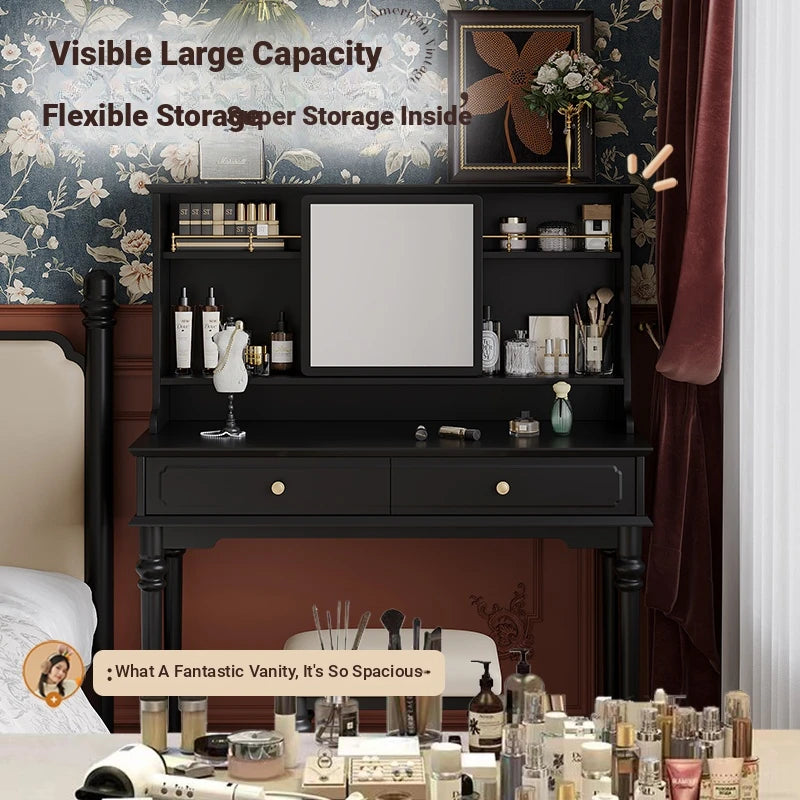 Elegant Solid Wood Makeup Table with Glass Mirror - Stylish Vanity with Spacious Storage for Beauty Essentials hmz-4960