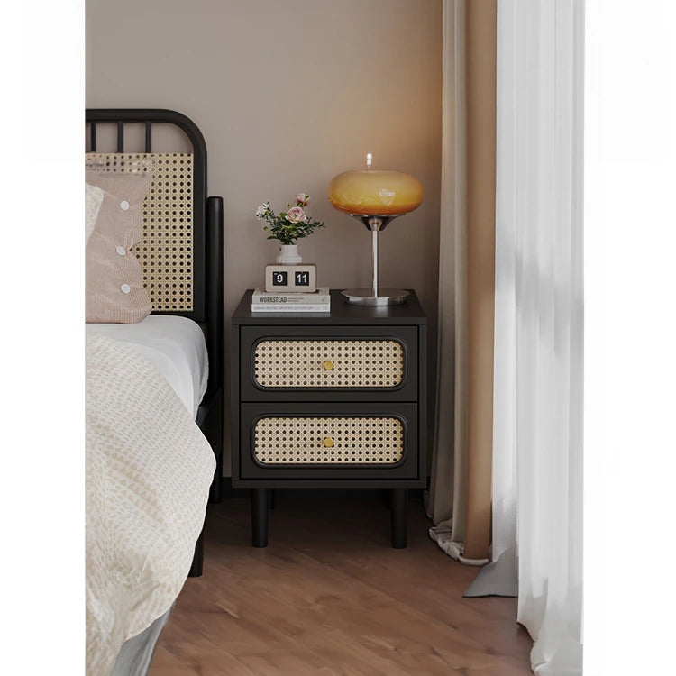 Stylish Solid Wood Bedside Cupboard with Tempered Glass Top – Elegant Two-Drawer Nightstand for Modern Bedrooms hmz-4961