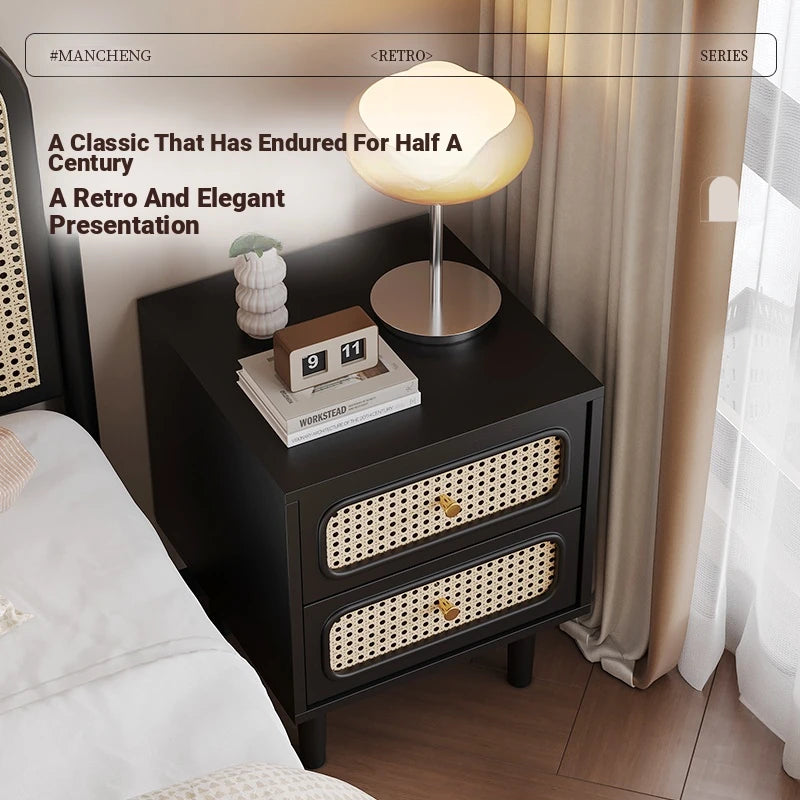 Stylish Solid Wood Bedside Cupboard with Tempered Glass Top – Elegant Two-Drawer Nightstand for Modern Bedrooms hmz-4961