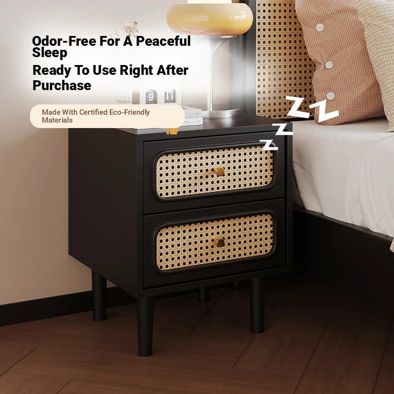 Stylish Solid Wood Bedside Cupboard with Tempered Glass Top – Elegant Two-Drawer Nightstand for Modern Bedrooms hmz-4961