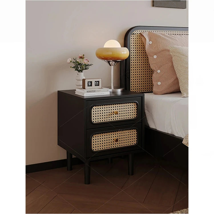 Stylish Solid Wood Bedside Cupboard with Tempered Glass Top – Elegant Two-Drawer Nightstand for Modern Bedrooms hmz-4961