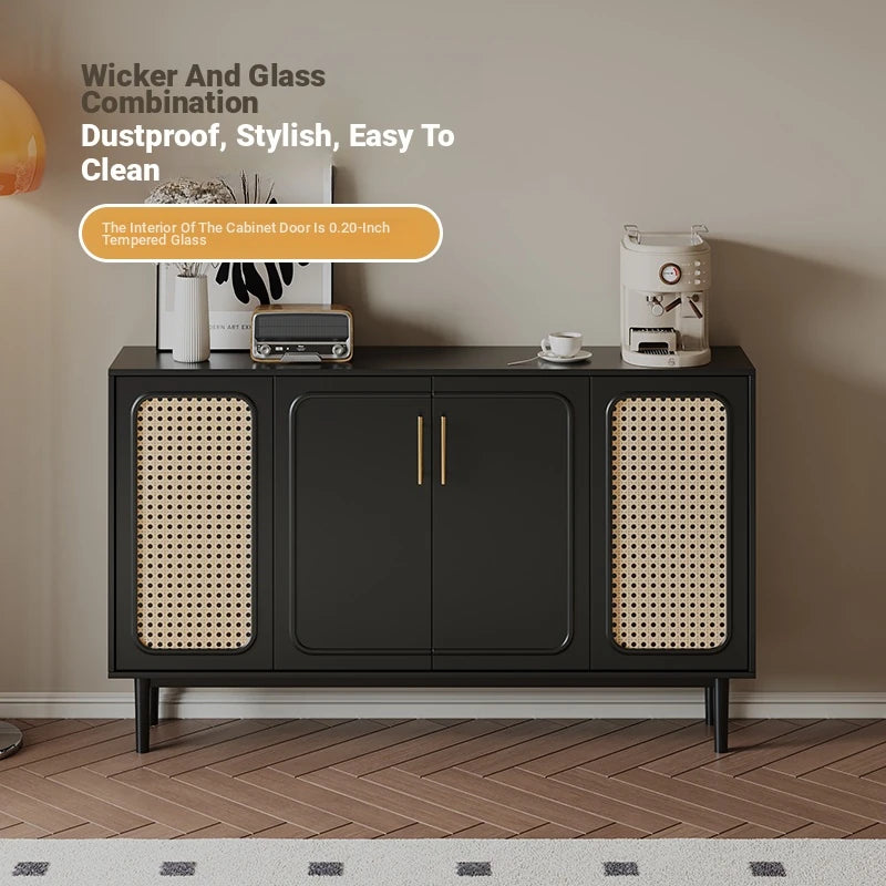 Sleek Solid Wood Cabinet with Tempered Glass Accents and Stylish Rattan Detail hmz-4962