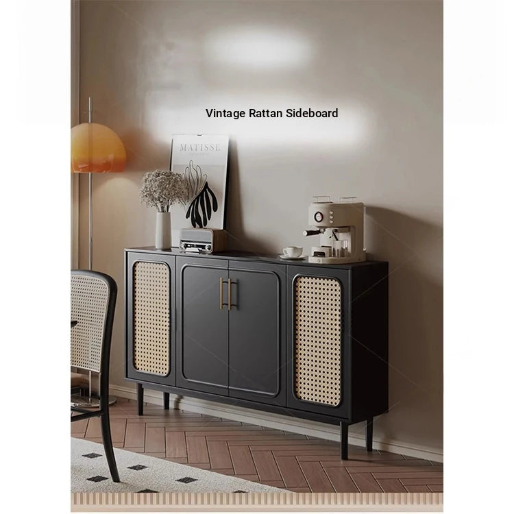 Sleek Solid Wood Cabinet with Tempered Glass Accents and Stylish Rattan Detail hmz-4962