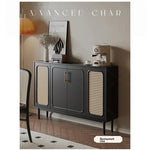 Sleek Solid Wood Cabinet with Tempered Glass Accents and Stylish Rattan Detail hmz-4962