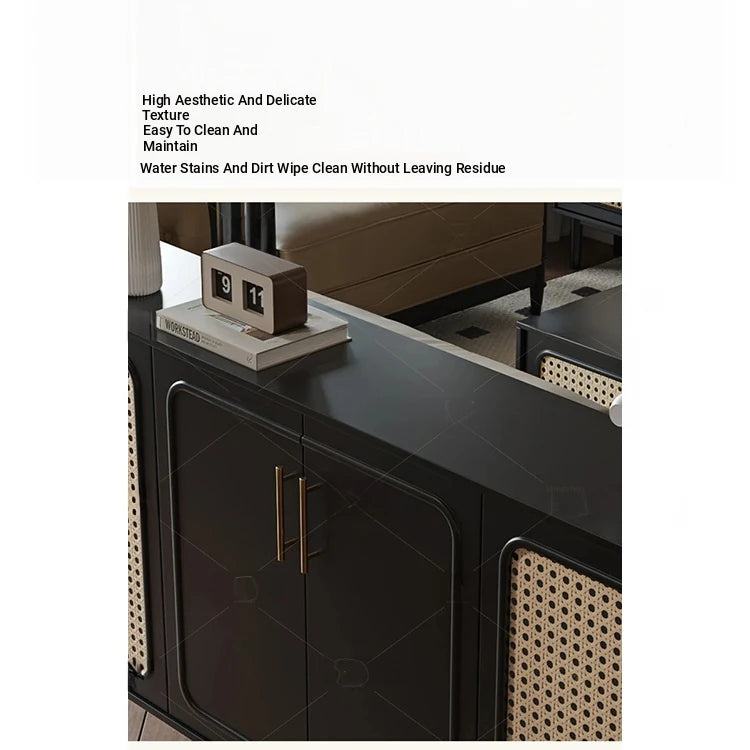Sleek Solid Wood Cabinet with Tempered Glass Accents and Stylish Rattan Detail hmz-4962