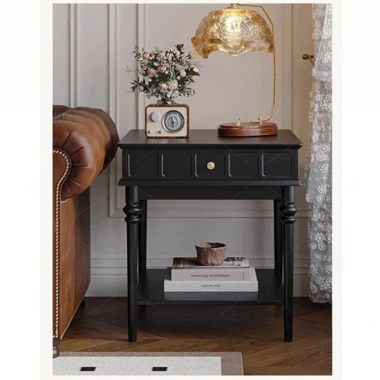 Chic Black Tea Table with Storage Drawer | Stylish Side Table for Living Room Decor hmz-4963