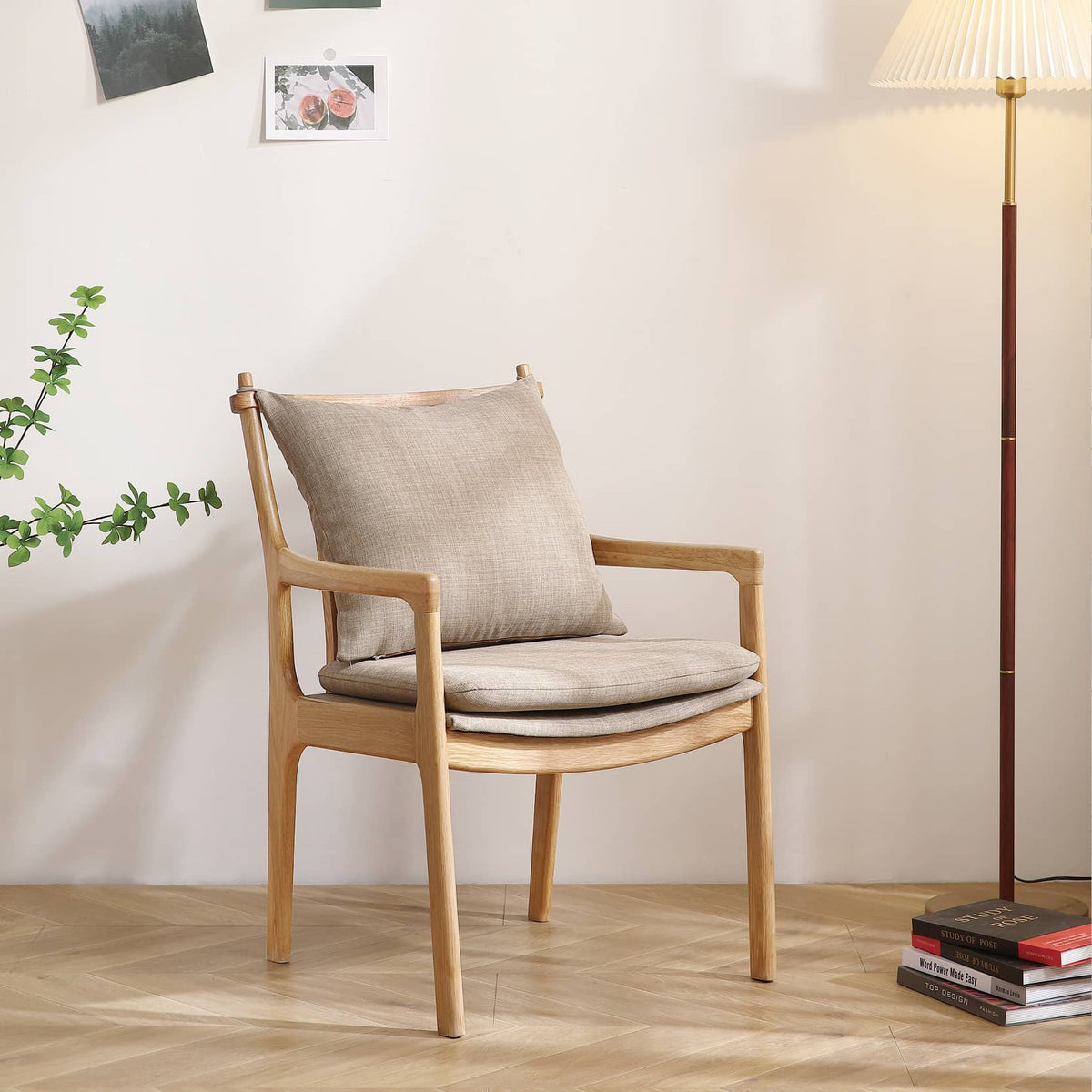 Elegant Light Brown Oak Wood Chair with Cotton & Linen Upholstery and Foam Padding hmzj-807