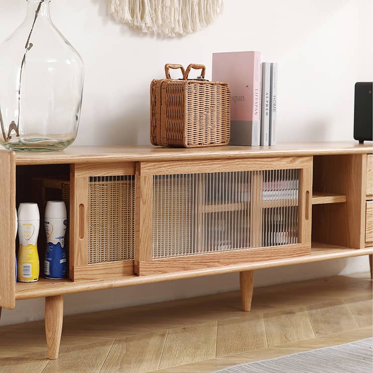 Stylish Oak Wood TV Cabinet with Glass Doors - Natural Finish hmzj-808