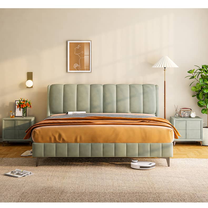 Solid Pine Wood Bed with Beige, Green, Blue, and Yellow Accents for a Stylish Bedroom hmzsh-1270