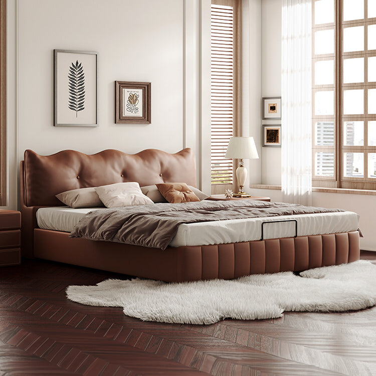 Luxurious Dark Brown Faux Leather Bed with Light Grey and Beige Accents - Elegant Khaki and Orange Detailing - Modern Black Design hmzsh-1545