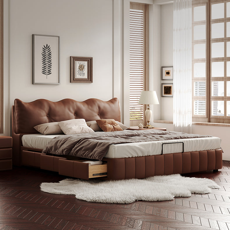 Luxurious Dark Brown Faux Leather Bed with Light Grey and Beige Accents - Elegant Khaki and Orange Detailing - Modern Black Design hmzsh-1545