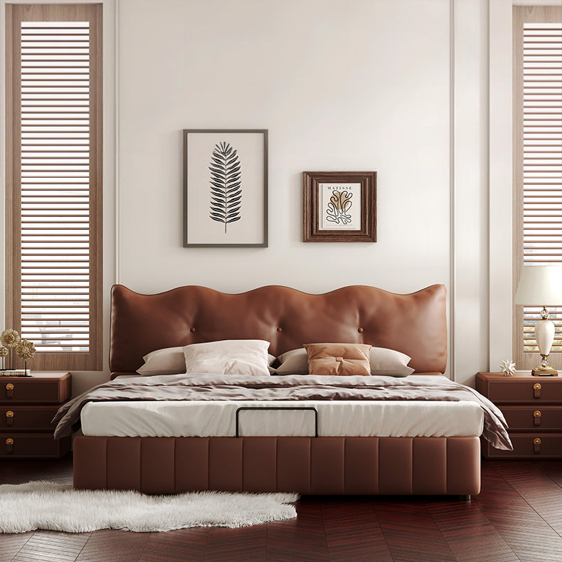 Luxurious Dark Brown Faux Leather Bed with Light Grey and Beige Accents - Elegant Khaki and Orange Detailing - Modern Black Design hmzsh-1545