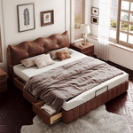 Luxurious Dark Brown Faux Leather Bed with Light Grey and Beige Accents - Elegant Khaki and Orange Detailing - Modern Black Design hmzsh-1545