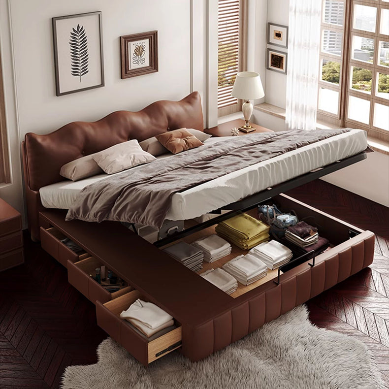 Luxurious Dark Brown Faux Leather Bed with Light Grey and Beige Accents - Elegant Khaki and Orange Detailing - Modern Black Design hmzsh-1545