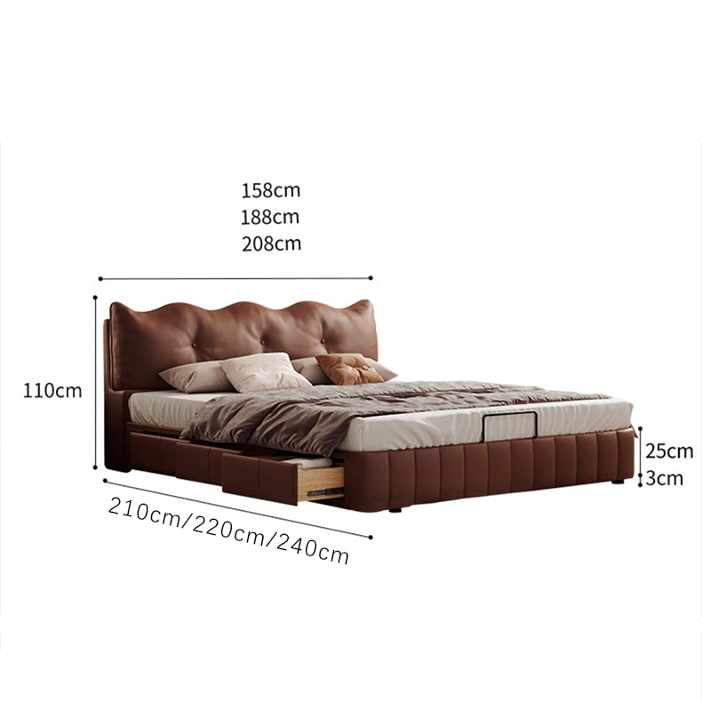 Luxurious Dark Brown Faux Leather Bed with Light Grey and Beige Accents - Elegant Khaki and Orange Detailing - Modern Black Design hmzsh-1545