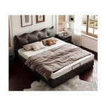 Luxurious Dark Brown Faux Leather Bed with Light Grey and Beige Accents - Elegant Khaki and Orange Detailing - Modern Black Design hmzsh-1545