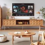 Modern TV Stand with Beech and Glass Finish - Stylish Entertainment Center with Metal and Stainless Steel Accents hns-4116