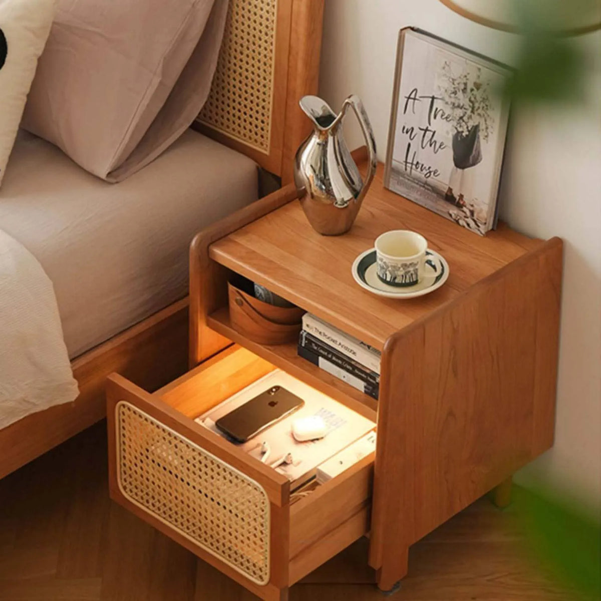 Sleek Ash & Beech Wood Nightstand with Rattan Accents - Modern Bedroom Essential hns-4120