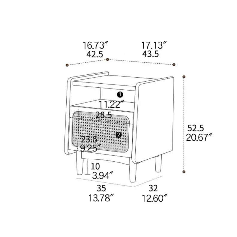 Sleek Ash & Beech Wood Nightstand with Rattan Accents - Modern Bedroom Essential hns-4120