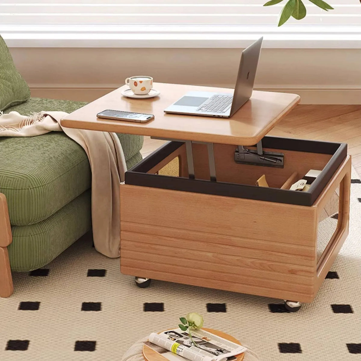 Modern Lift-Top Coffee Table with Storage in Beech Wood and Tempered Glass hns-4121