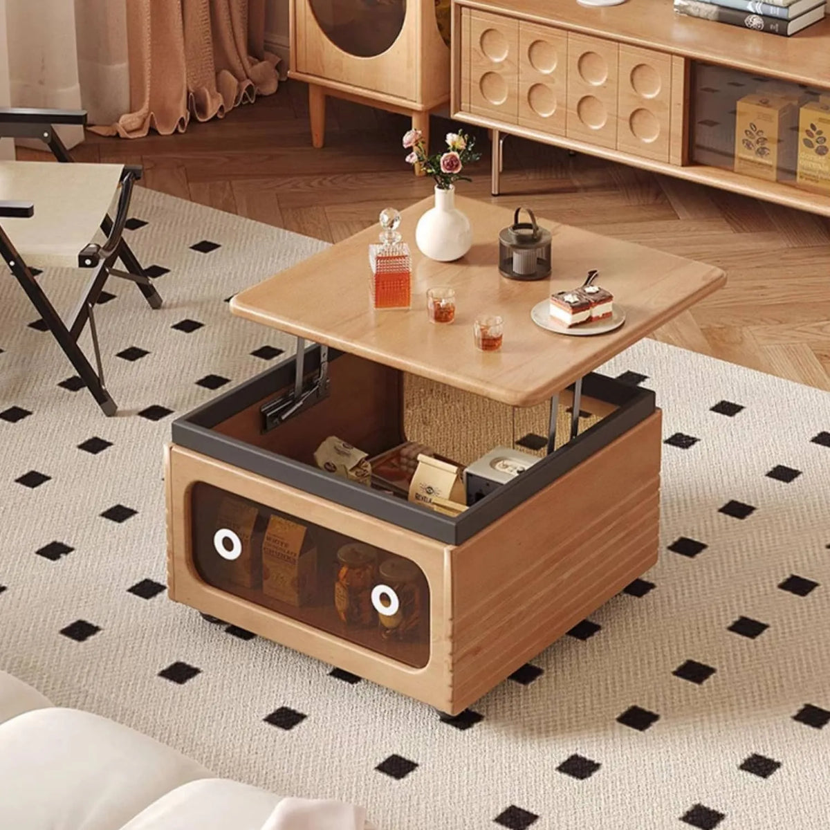 Modern Lift-Top Coffee Table with Storage in Beech Wood and Tempered Glass hns-4121