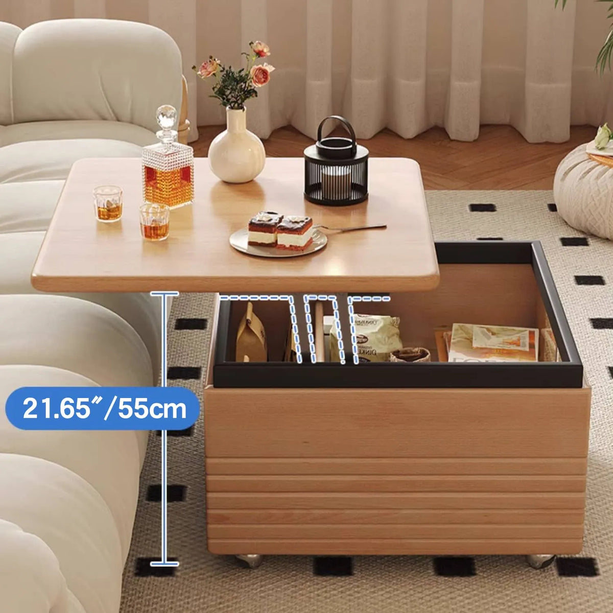 Modern Lift-Top Coffee Table with Storage in Beech Wood and Tempered Glass hns-4121