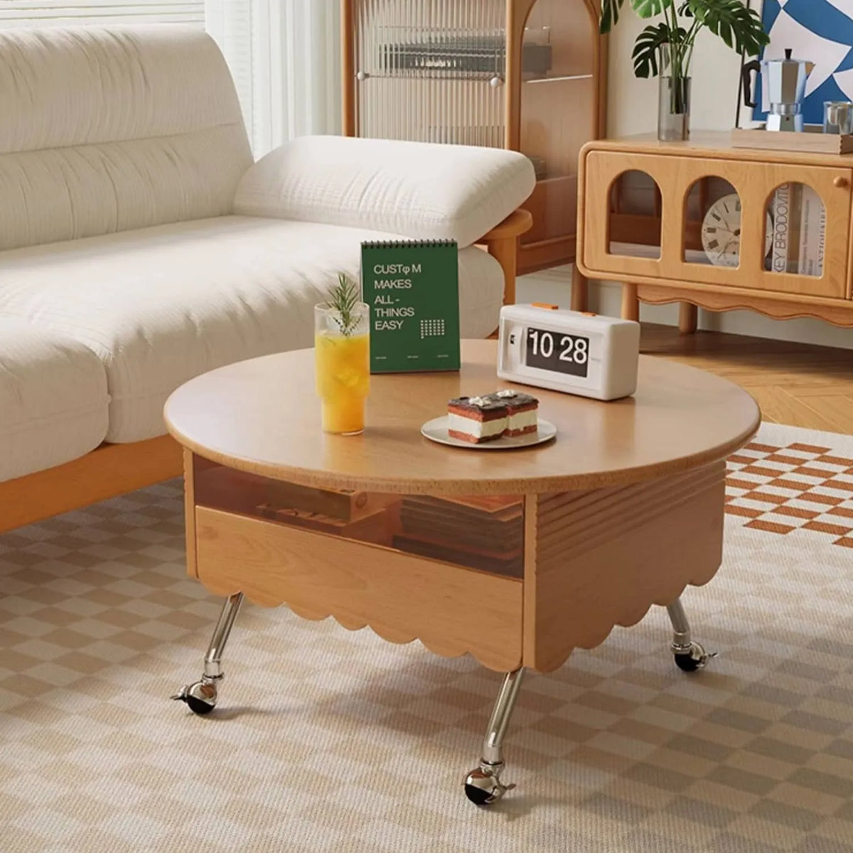 Modern Coffee Table with Storage - Sintered Stone & Beech Wood Design, Rolling Wheels hns-4126