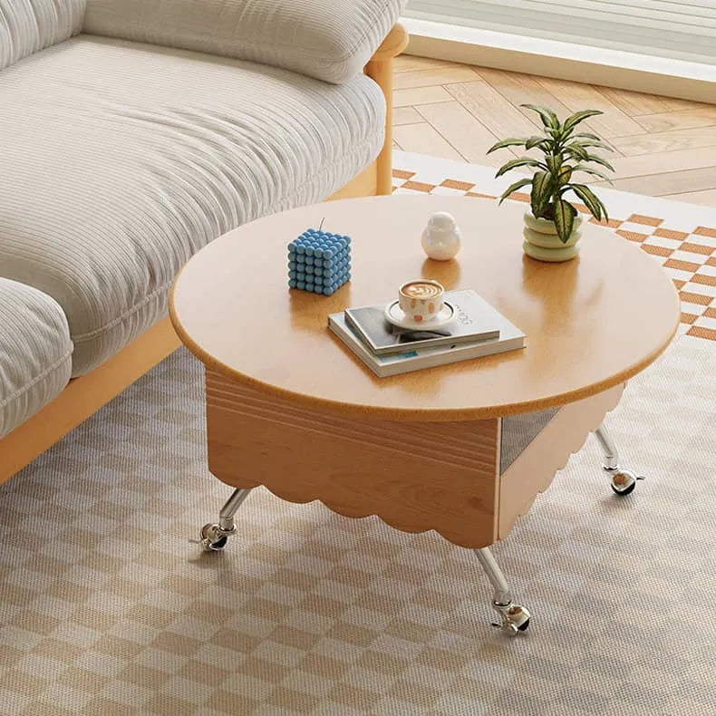 Modern Coffee Table with Storage - Sintered Stone & Beech Wood Design, Rolling Wheels hns-4126