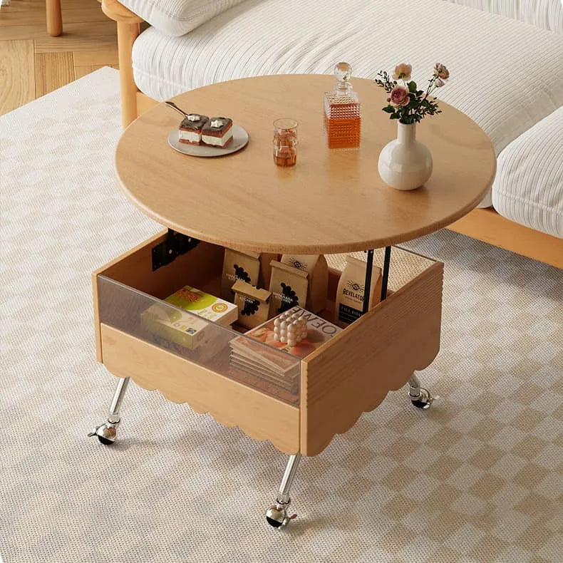 Modern Coffee Table with Storage - Sintered Stone & Beech Wood Design, Rolling Wheels hns-4126