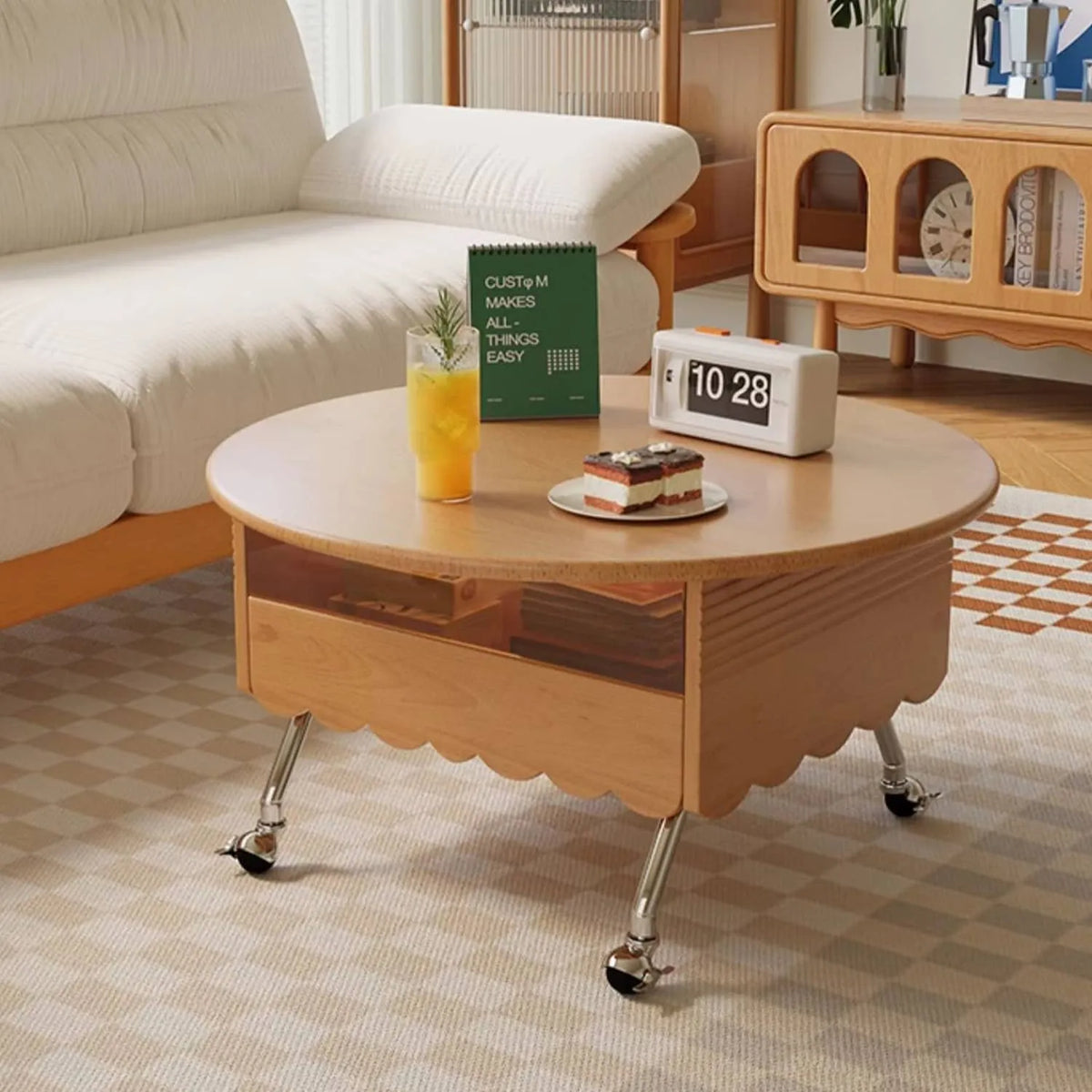 Modern Coffee Table with Storage - Sintered Stone & Beech Wood Design, Rolling Wheels hns-4126