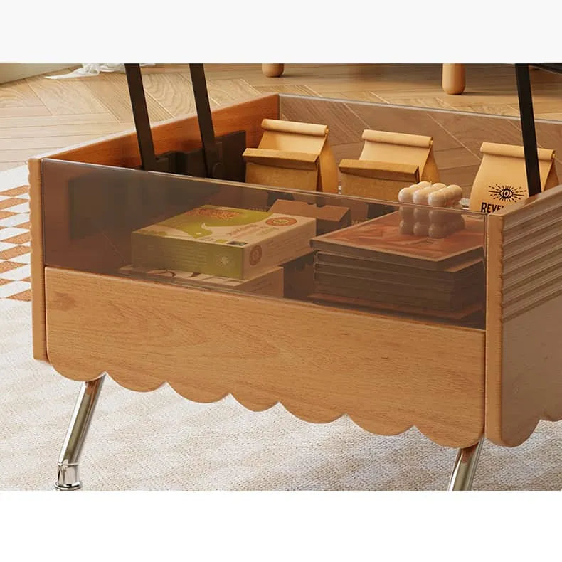 Modern Coffee Table with Storage - Sintered Stone & Beech Wood Design, Rolling Wheels hns-4126