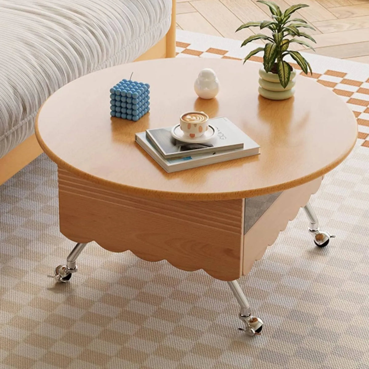 Modern Coffee Table with Storage - Sintered Stone & Beech Wood Design, Rolling Wheels hns-4126