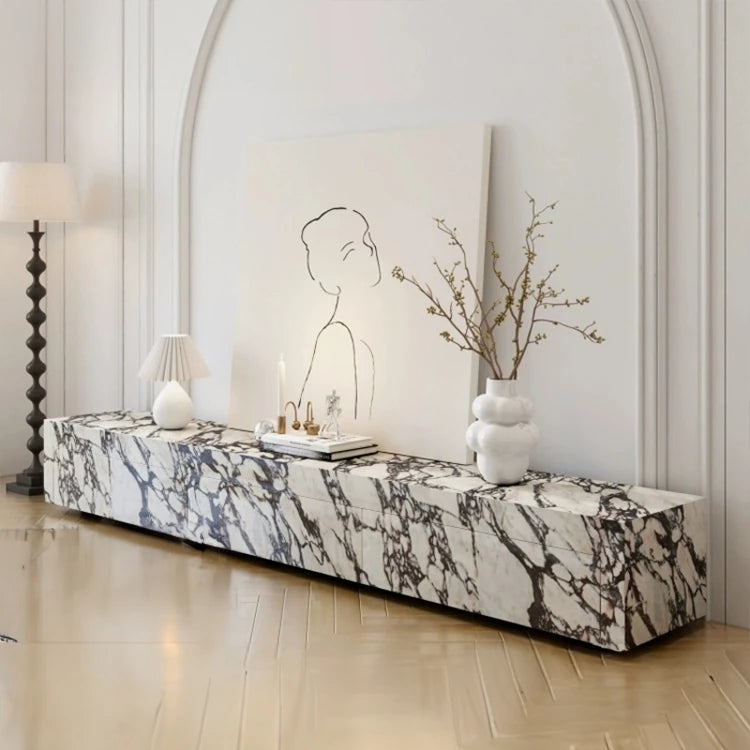 Elegant Sintered Stone & Solid Wood TV Stand - Modern Marble Design for Stylish Living Spaces hny-5229