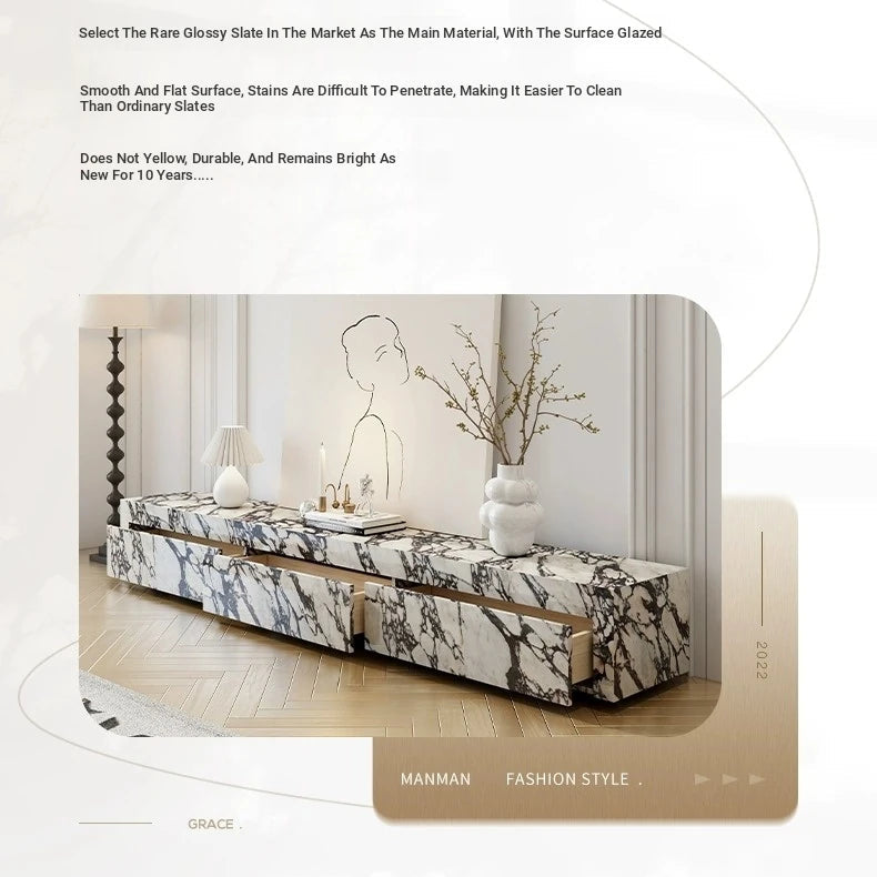Elegant Sintered Stone & Solid Wood TV Stand - Modern Marble Design for Stylish Living Spaces hny-5229
