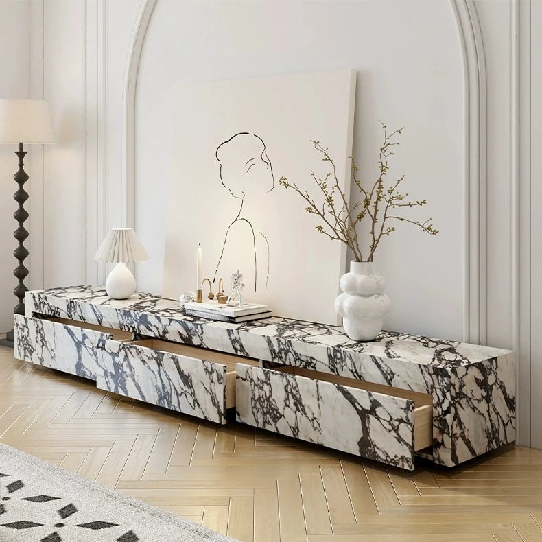Elegant Sintered Stone & Solid Wood TV Stand - Modern Marble Design for Stylish Living Spaces hny-5229