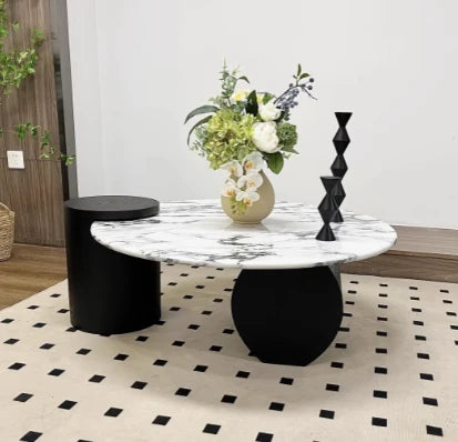 Elegant Round Coffee Table in Sintered Stone with Modern Black Accents - Perfect for Stylish Living Rooms hny-5236