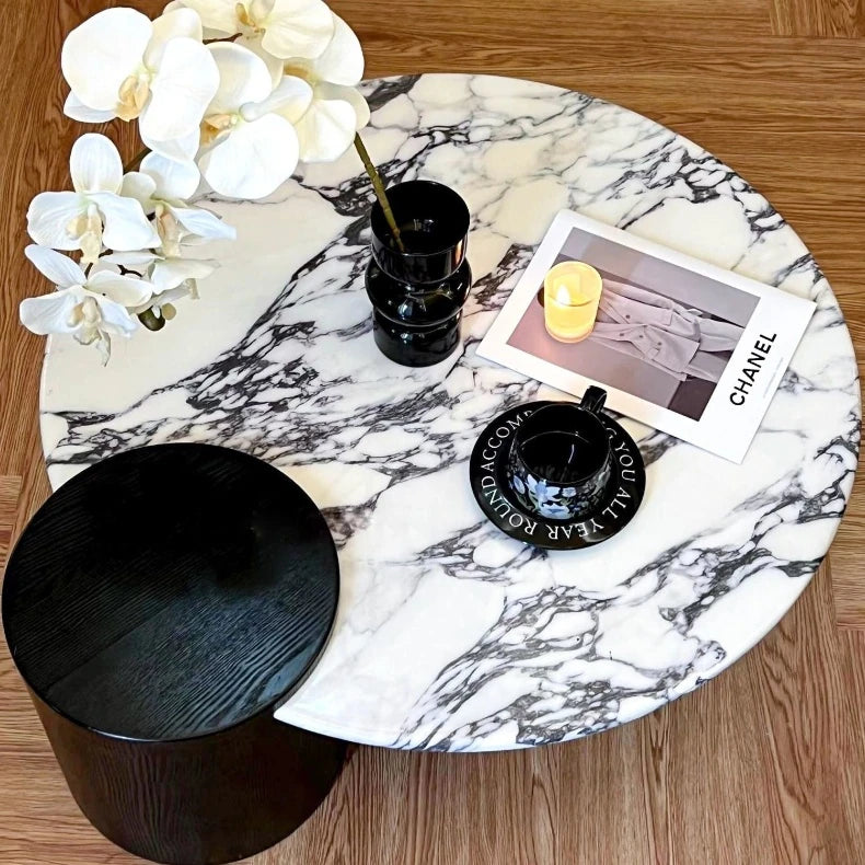 Elegant Round Coffee Table in Sintered Stone with Modern Black Accents - Perfect for Stylish Living Rooms hny-5236