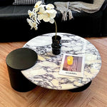 Elegant Round Coffee Table in Sintered Stone with Modern Black Accents - Perfect for Stylish Living Rooms hny-5236