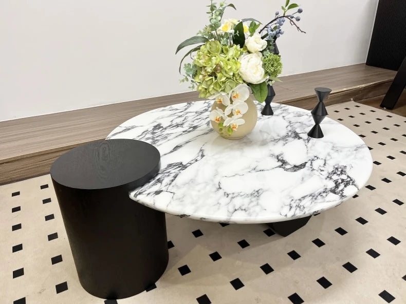 Elegant Round Coffee Table in Sintered Stone with Modern Black Accents - Perfect for Stylish Living Rooms hny-5236