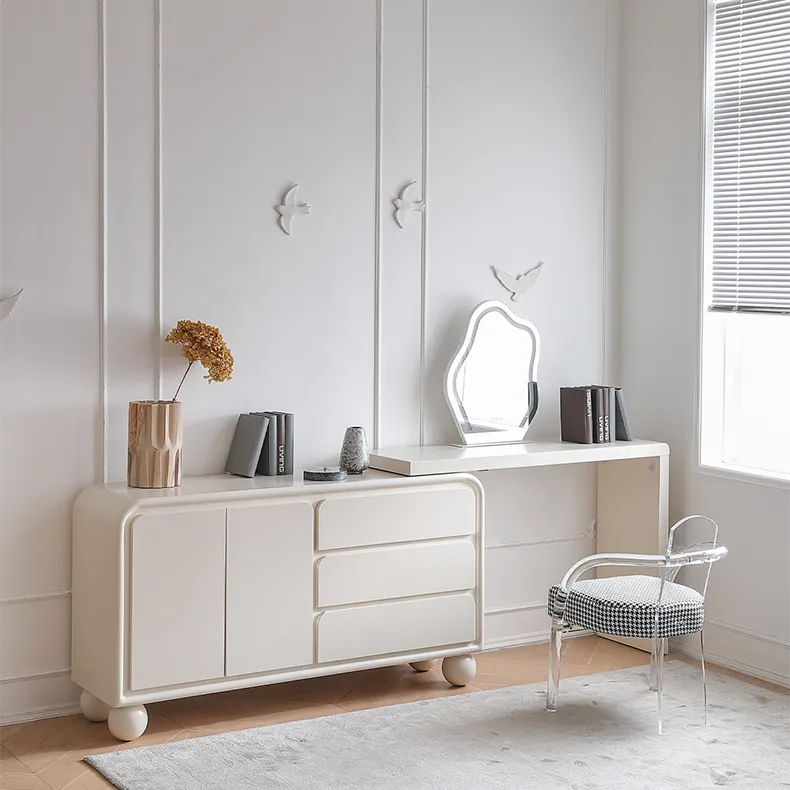 Modern Oak Pine Makeup Vanity with Storage Drawers and Unique Mirror Design hqlw-4028