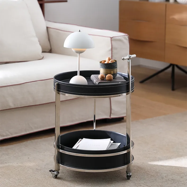 Modern Black Synthetic Leather & Stainless Steel Side Table - Stylish Round Design with Handles and Wheels hqlw-4044