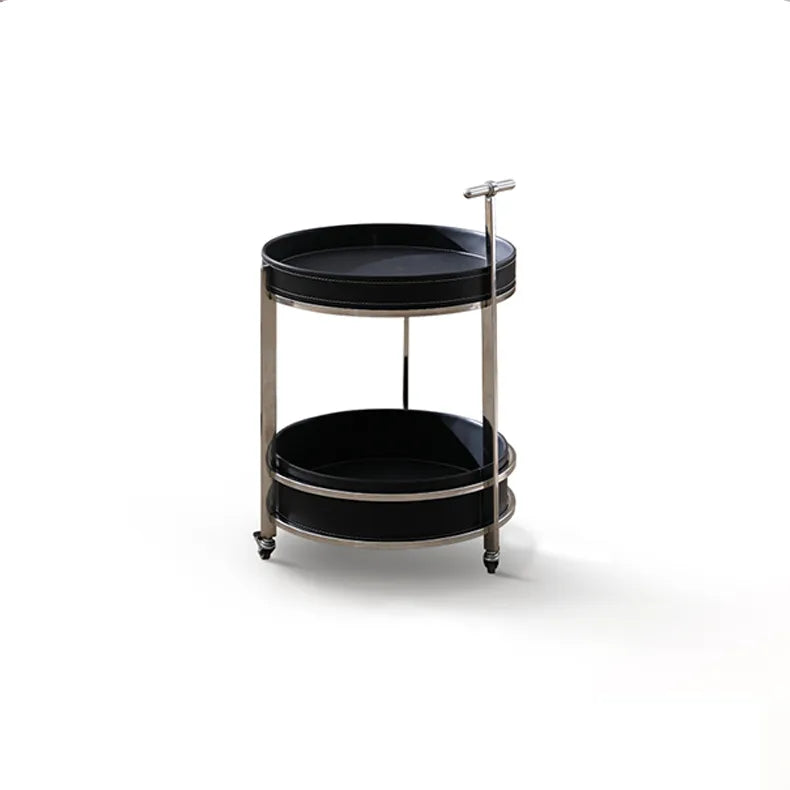 Modern Black Synthetic Leather & Stainless Steel Side Table - Stylish Round Design with Handles and Wheels hqlw-4044